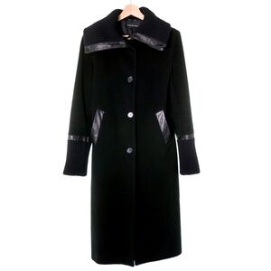 Mackage Wool Cashmere Leather Trim Long Trench Coat Black Womens S Dark Academia